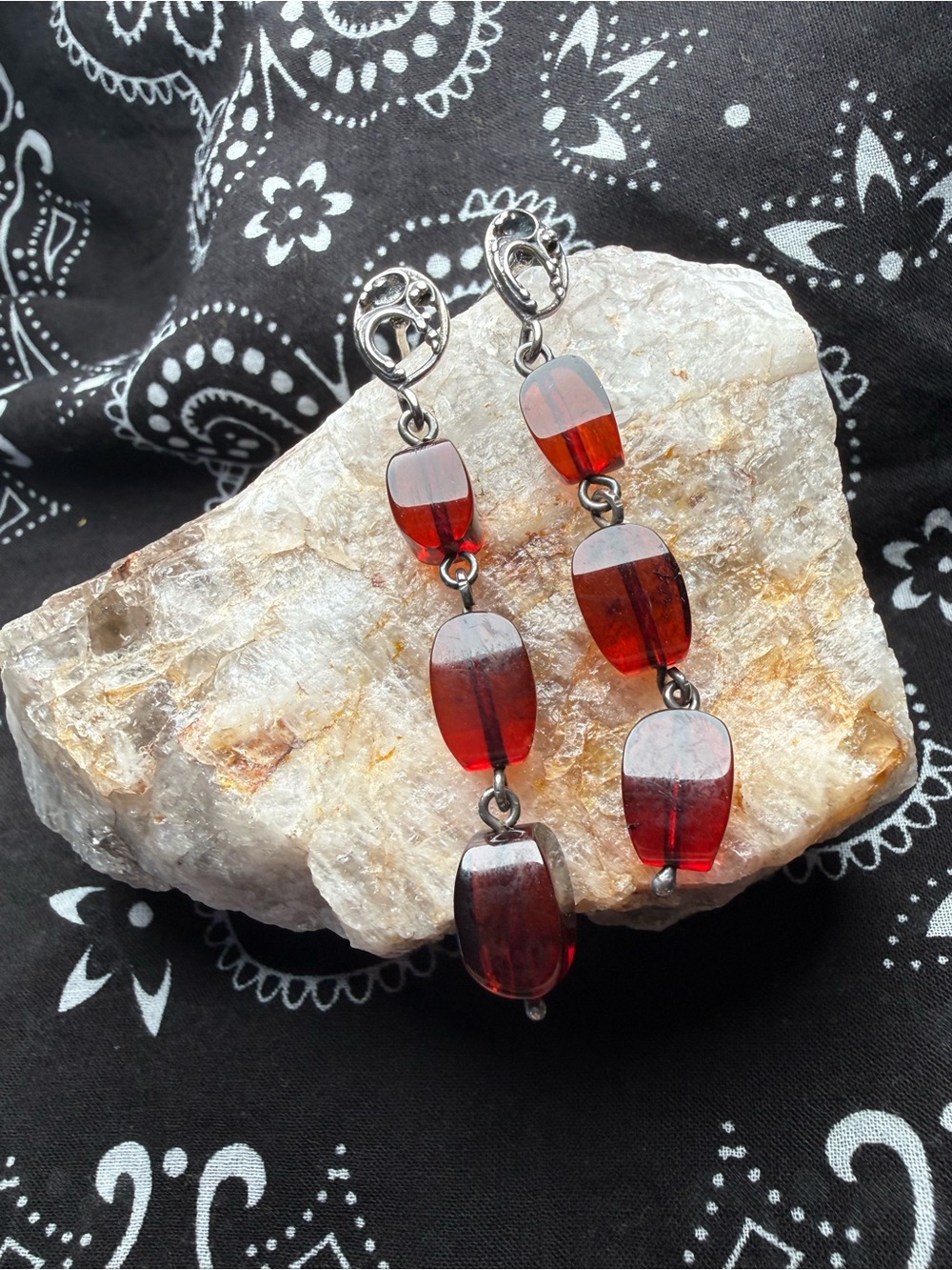 Vintage Red Amber 925 Sterling Silver Long Dangle Earrings 2.5”